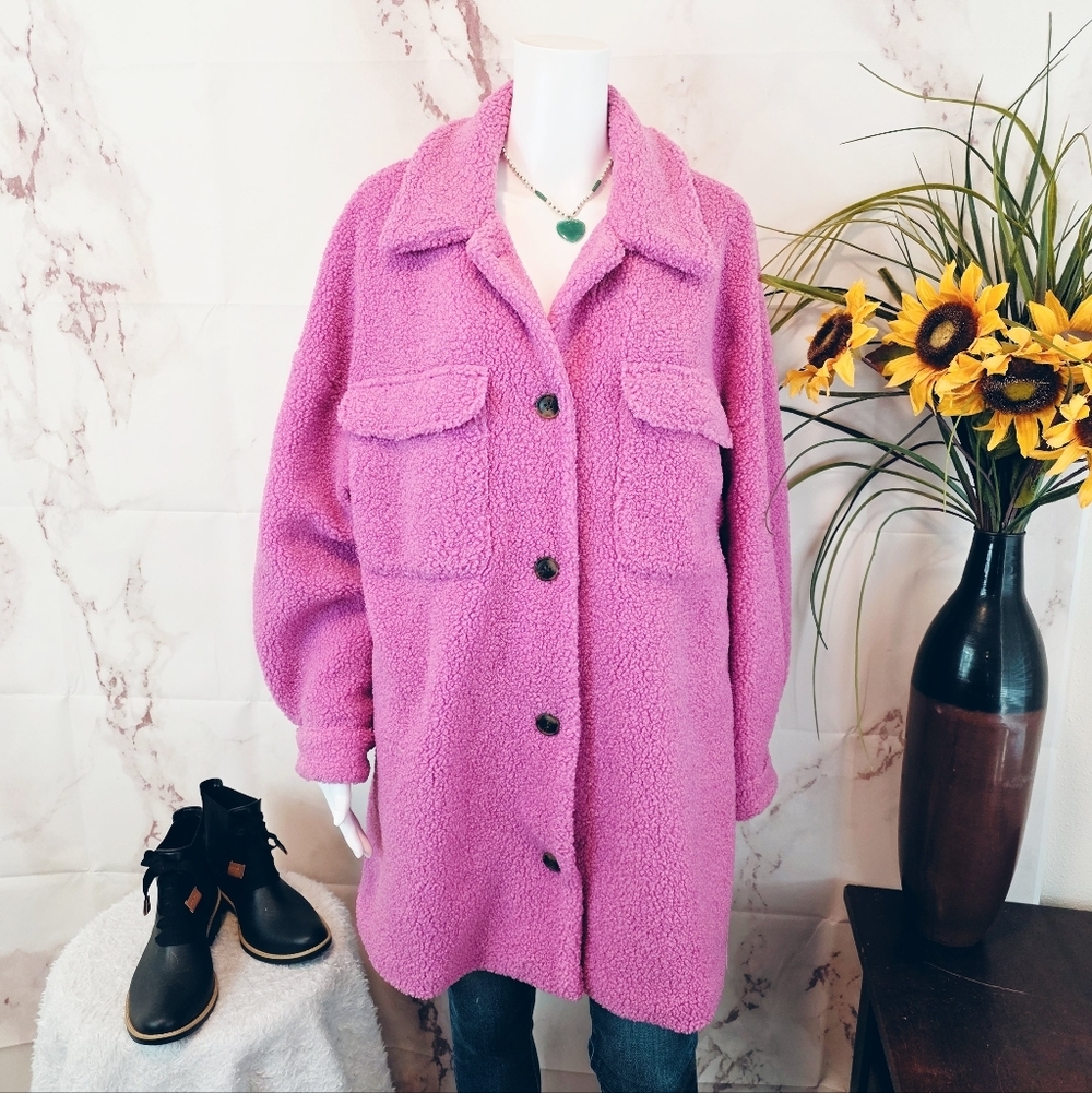 New Anthropologie Avec Les Filles Teddy Sherpa Jacket Pink Petunia Size M | NWT - Picture 3 of 8